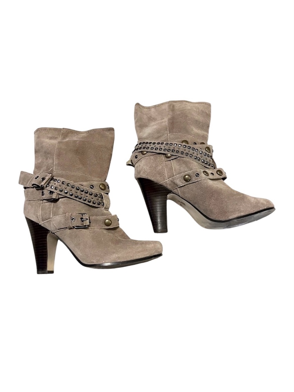Dolce Vita Women’s Beige Tan Suede Leather Heeled Studded Strappy Ankle Boots 10